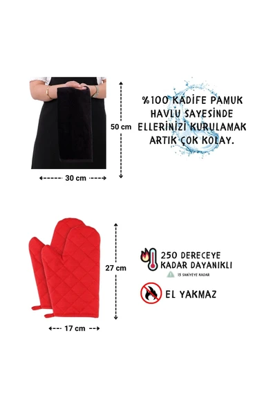 Star İki Eldivenli Set Ayar Askılı 4lü Mutfak Önlüğü Seti (2 ELDİVEN) - Resim 12