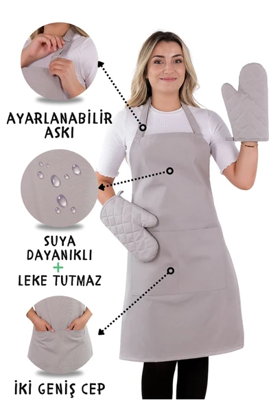 Simple 3lü Set Ayar Askılı Cepli Mutfak Önlüğü Seti (2 ELDİVEN) Şef Garson Kafe Aşçı Barista ürün görseli 1