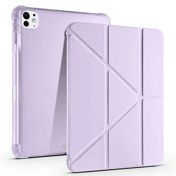iPad Pro 11 inç M5 2025 Uyumlu Kılıf Üçgen Katlanabilir Kalem Şarj Bölmeli Kılıf  Lila ürün görseli 1