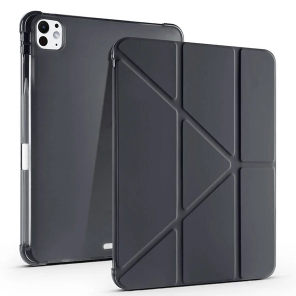 iPad Pro 11 inç M5 2025 Uyumlu Kılıf Üçgen Katlanabilir Kalem Şarj Bölmeli Kılıf  Siyah ürün görseli 1