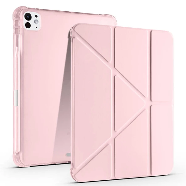 iPad Pro 11 inç M5 2025 Uyumlu Kılıf Üçgen Katlanabilir Kalem Şarj Bölmeli Kılıf  Pembe ürün görseli 1