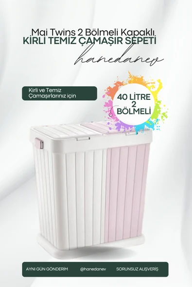 2 Bölmeli Dokumatik Kapaklı Mai Twins Temiz Kirli Çamaşır Sepeti 40+40 Litre ürün görseli 1
