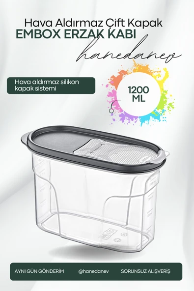 Embox Çift Kapak Sistemli Erzak Kabı - Hava Aldırmaz Kapaklı Saklama Kabı 1200 ML 12 x 20 Cm ürün görseli 1