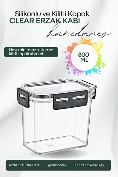 Clear Dikdörtgen Erzak Kabı - Silikonlu ve Kilitli Kapaklı Saklama Kabı 800 ML 14 x 11,5 Cm ürün görseli 1