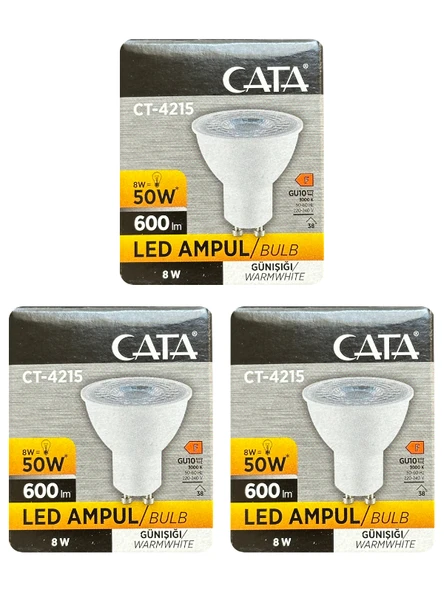 (3 Adet) Cata 8W (50W) 3000K (Sarı Işık) GU10 Duylu Led Spot Ampul ürün görseli 1