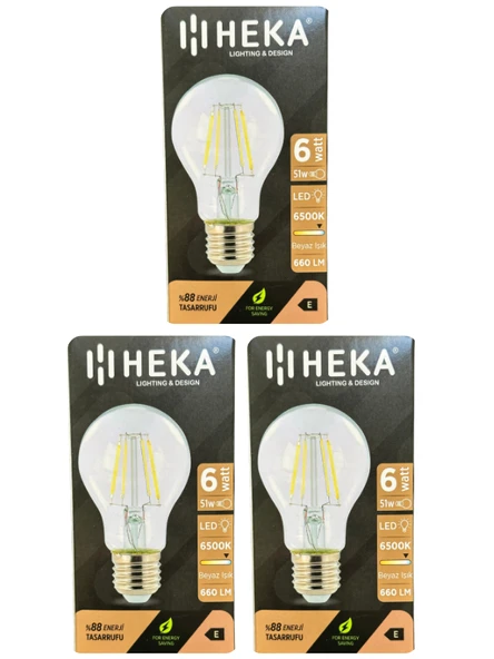 (3 Adet) Heka 6W (51W) 6500K (Beyaz Işık) E27 Duylu (Kalın Duy) Led Şeffaf Ampul ürün görseli 1