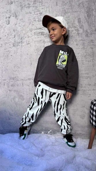 Cg Kids Milo Zebra Desenli Erkek Çocuk 3 iplik Alt Üst Takım Süper Kalite Kumaş ürün görseli 1
