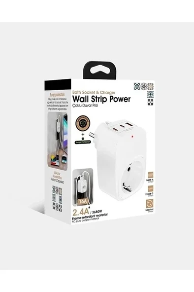 Tekli Yüksek Voltaj Korumalı Duvar Prizi 2x Type-c 1x Usb Çıkışlı Priz Grup Priz Çoğaltıcı Beyaz ürün görseli 1
