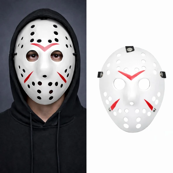 Beyaz Renk Kırmızı Çizgili Tam Yüz Hokey Jason Maskesi Hannibal Maskesi ürün görseli 1