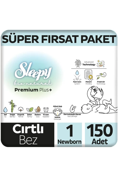 Sleepy Bio Natural Premium Plus Süper Fırsat Paketi Bebek Bezi 1 Numara Newborn 150 Adet ürün görseli 1