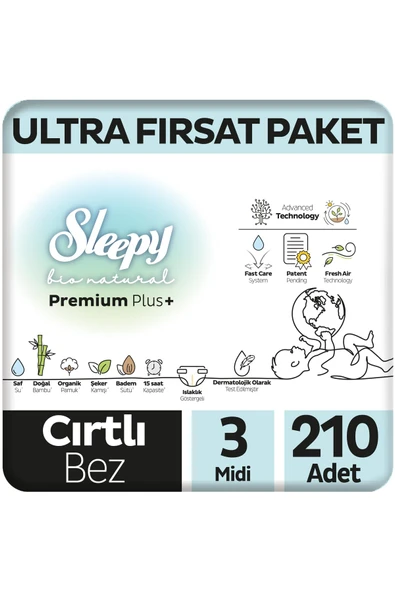 Sleepy Bio Natural Premium Plus Ultra Fırsat Paketi Bebek Bezi 3 Numara Midi 210 Adet ürün görseli 1