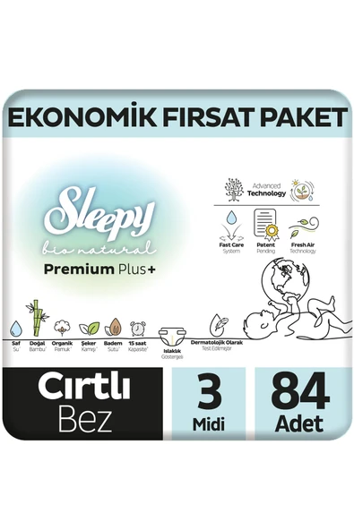 Sleepy Bio Natural Premium Plus Ekonomik Fırsat Paketi Bebek Bezi 3 Numara Midi 84 Adet ürün görseli 1