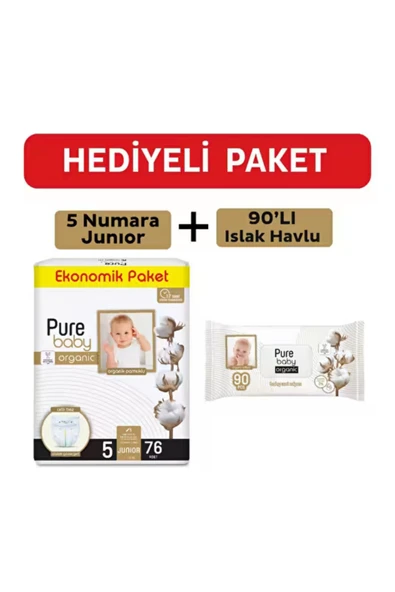 Pure Baby Organik Bebek Bezi 5 Beden Junior 76lı Islak Mendil ürün görseli 1