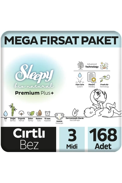 Sleepy Bio Natural Premium Plus Mega Fırsat Paketi Bebek Bezi 3 Numara Midi 168 Adet ürün görseli 1