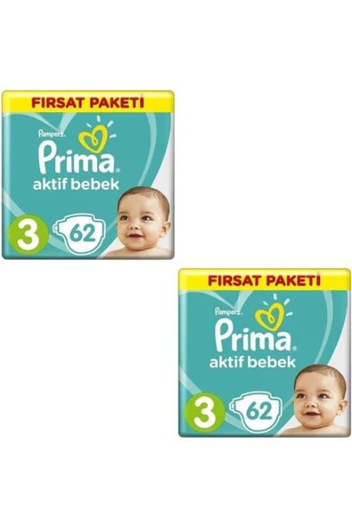 Prima Bebek Bezi 3 Beden 124 Adet (62x2 Li) Fırsat Paket Aktif Bebek 6-10 Kg ürün görseli 1