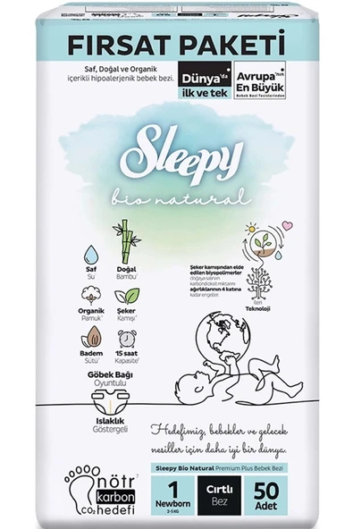 Sleepy Bebek Bezi Bio Natural Beden:1 (2-5KG) Yeni Doğan Newborn 50 Adet Fırsat Pk ürün görseli 1