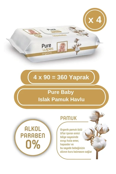 Pure Baby Wet Wipes Organic Cotton Bebek Islak Mendili 90'lı 4 Paket (90x4) 360 Yaprak ürün görseli 1