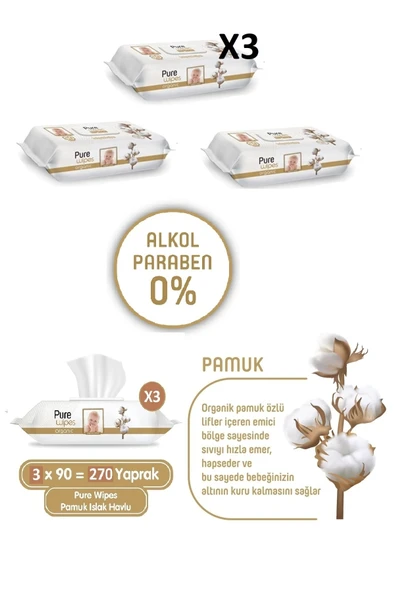 Pure Baby Wet Wipes Organic Cotton Bebek Islak Mendili 90'lı 3 Paket (90x3) 270 Yaprak ürün görseli 1