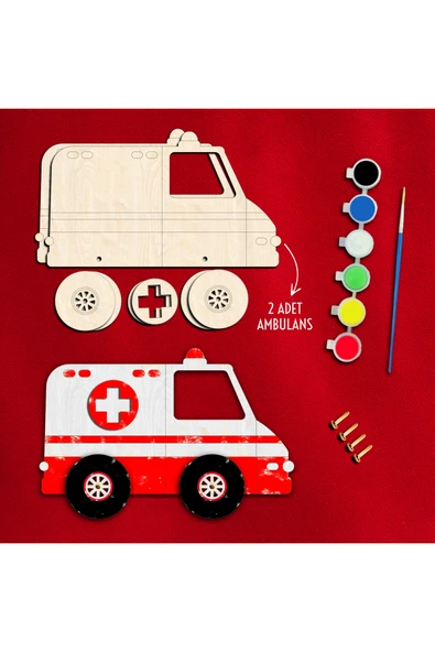 KİDEWO Ambulans Ahşap Boyama Etkinlik Seti + Eğitici Çocuk Aktivite Keçeli Kalem Kreş Okul Öncesi ürün görseli 1