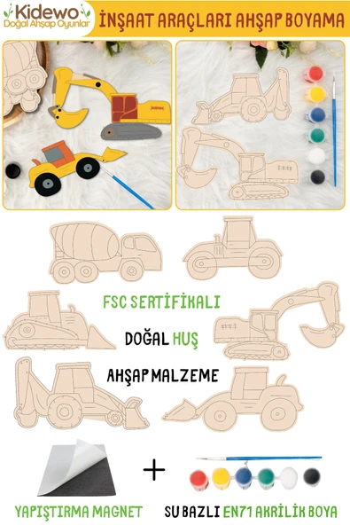 KİDEWO Çocuklar İçin Ahşap Boyama Seti  6’lı İnşaat Makinaları  Huş Ağacı  Akrilik Boya, Fırça ve Magnet ürün görseli 1