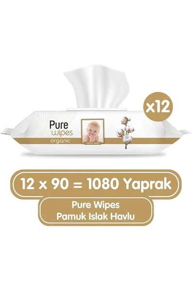 Pure Baby Organik Pamuklu 90 Yaprak 12 Li Paket Islak Havlu ürün görseli 1