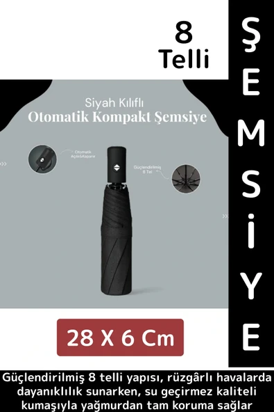 Kompakt Çanta Boy Seyahat Tipi Dayanıklı Otomatik Açma Kapama Güçlendirilmiş 8 Telli Kılıflı Şemsiye ürün görseli 1