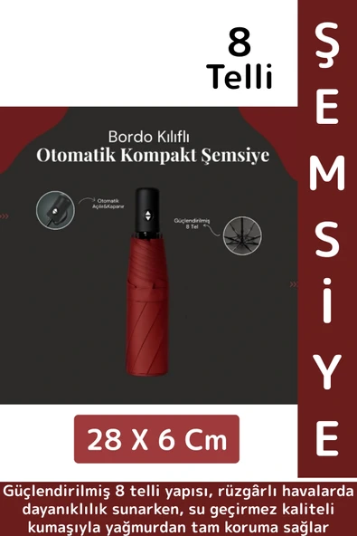 Kompakt Çanta Boy Seyahat Tipi Dayanıklı Otomatik Açma Kapama Güçlendirilmiş 8 Telli Kılıflı Şemsiye ürün görseli 1