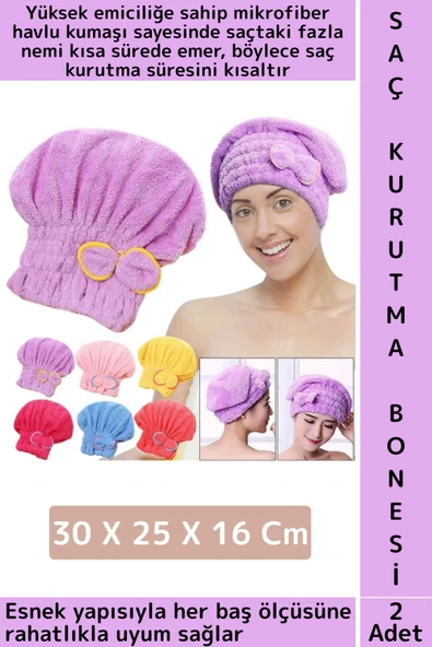Her Baş Ölçüsüne Uyumlu Esnek Hızlı Emici Banyo Havuz Duş Mikrofiber Havlu Saç Kurutma Bonesi 2 Adet ürün görseli 1