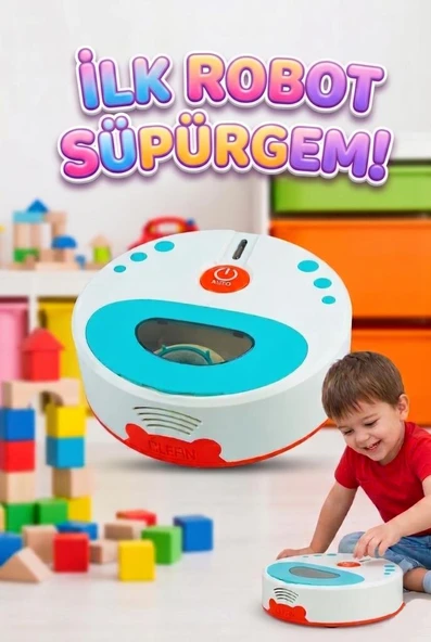 İlk Robot Süpürgem! Pilli Işıklı Sesli Hareket Eden Süpürme Özellikli Oyuncak Robot Süpürge ürün görseli 1
