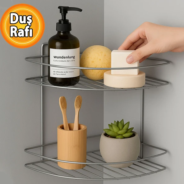 İki Katlı Krom Banyo Duş Köşe Rafı Paslanmaz Metal Şampuanlık Duvar Montajlı Düzenleyici Raf Seti ürün görseli 1