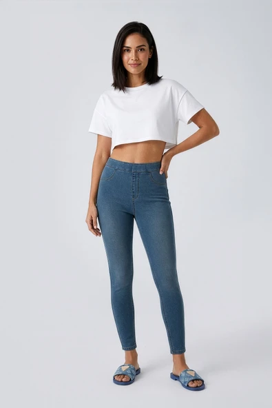 Kadın Yüksek Bel Beli Lastikli Mavi Tayt Jean Pantolon ürün görseli 1