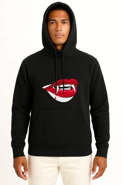 Kapüşonlu Dracula Vampire, Teeth Göğüs Tasarımlı Unisex Sweatshirt - Resim 9
