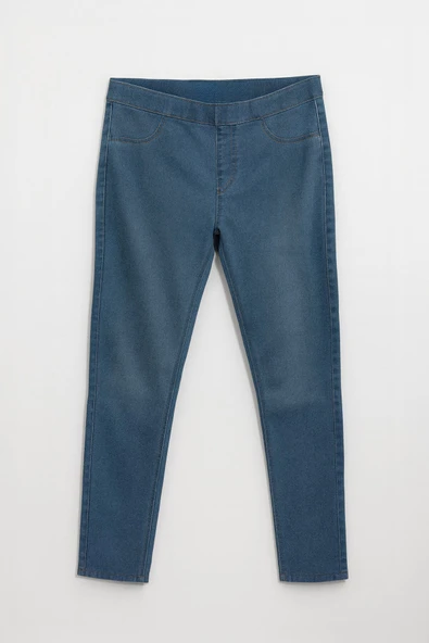 Kadın Yüksek Bel Beli Lastikli Mavi Tayt Jean Pantolon ürün görseli 1