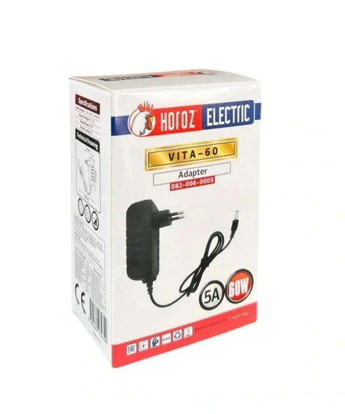 HOROZ VITA-60 12v 5A Fişli Adaptör Plastik Kasa 60w IP44 5.5x2.5mm Jaklı (12 Volt 5 Amper) ürün görseli 1