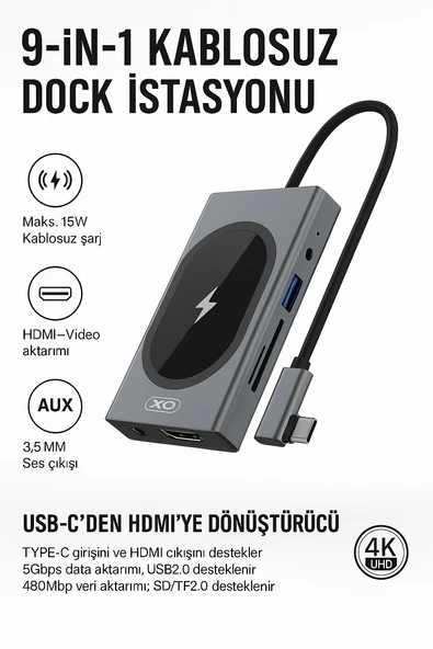 9 in 1 HUB007 15W Kablosuz Şarj Özelliği,TypeC, MacBook İle Uyumlu Çoklayıcı HUB ürün görseli 1
