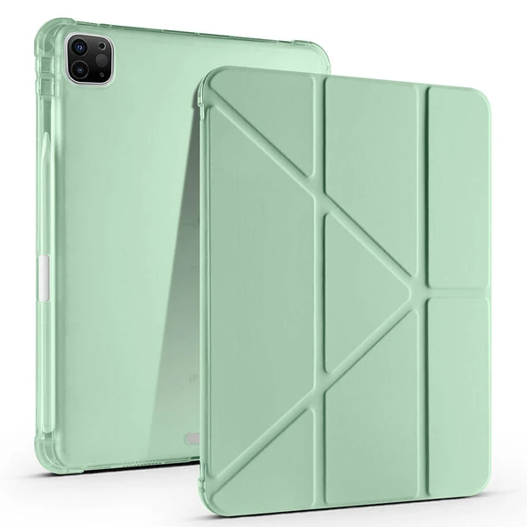 Apple iPad Pro 11 inç 2.Nesil 2020 Uyumlu Kılıf Üçgen Katlanabilir Kalem Şarj Bölmeli Kılıf  Yeşil ürün görseli 1