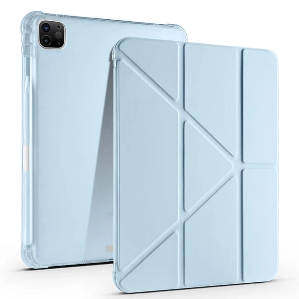 Apple iPad Pro 11 inç 4.Nesil M2 2022 Uyumlu Kılıf Üçgen Katlanabilir Kalem Şarj Bölmeli Kılıf  Mavi ürün görseli 1