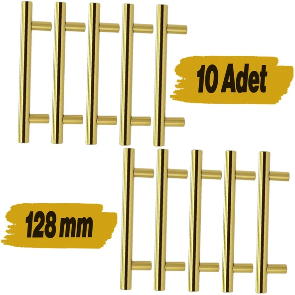 Mobilya Mutfak Çekmece Dolap Dolabı Kulbu Kulpu Kulpları (128 mm-12.8 cm) Gold Altın Metal (10 Adet) ürün görseli 1