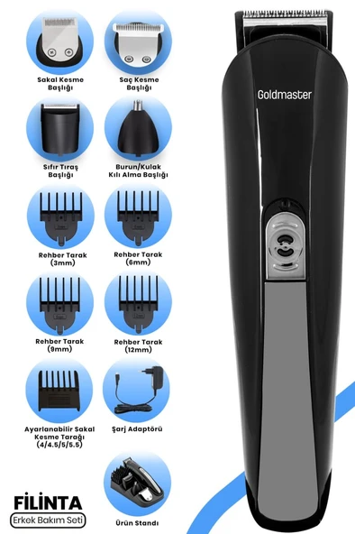 GOLDMASTER Filinta 9 In 1 Standlı Kablosuz Kablolu Hızlı Şarj Erkek Bakım Seti (ADAPTÖRLÜ) ürün görseli 1