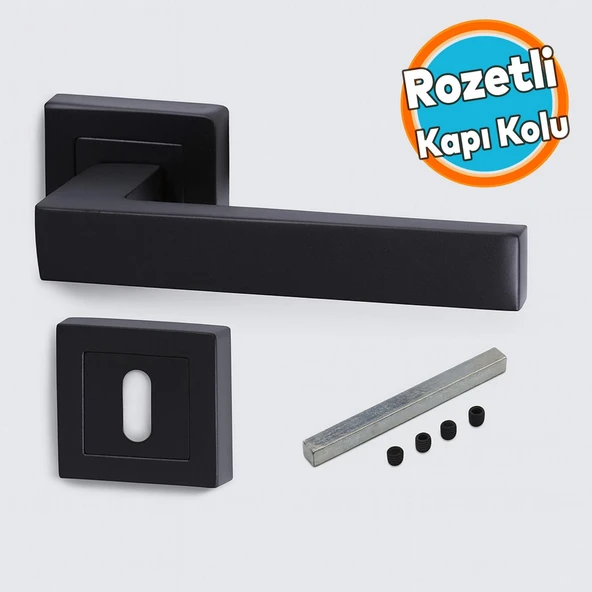 Kare Rozetli Oda Kapı Kolu Mat Siyah Metal Sağa Sola Uygun (1 TAKIM) ürün görseli 1