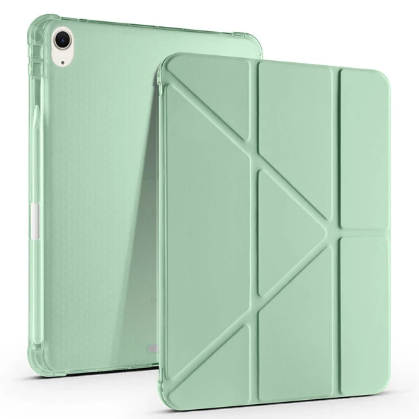 Apple iPad Air 11'' M3 2025/M2 2024 Uyumlu Üçgen Katlanabilir Kalem Şarj Bölmeli Standlı Kılıf  Yeşil ürün görseli 1