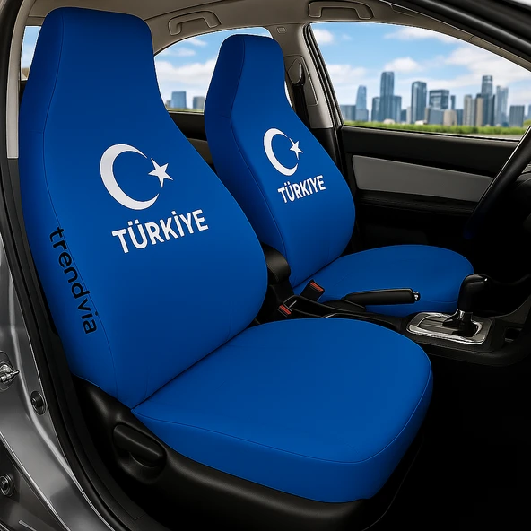 Mavi Renk Türkiye Bayrak Temalı Oto Koltuk Kılıfı Seti  Penye Kumaş Ön ve Arka Servis Tipi Koltuk Kılıfı ürün görseli 1