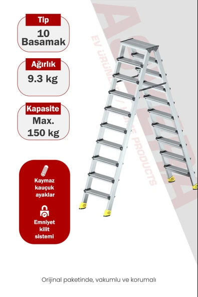 Asvera Alüminyum 10+10 Çift Çıkışlı A Tipi Merdiven - Hafif ve Paslanmaz Çift Taraflı Merdiven ürün görseli 1