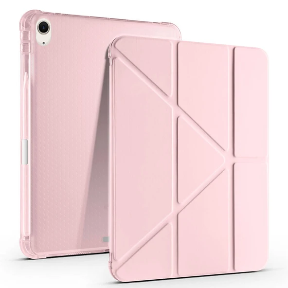Apple iPad Air 10.9'' 2022/2020 Uyumlu Üçgen Katlanabilir Kalem Şarj Bölmeli Standlı Kılıf  Pembe ürün görseli 1