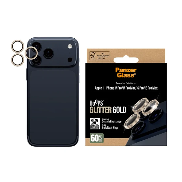 Panzerglass Apple 16 Pro Hoops Glitter Simli Gold Kamera Lens Koruyucu (Hizalama Aparatlı) ürün görseli 1