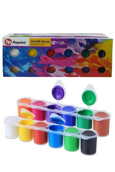 Akrilik Boya 12 Renk 1 Adet Fixpoint 25ml 12 li Akrilik Boya Resim Dersi Tuval Ahşap Seramik Cam Taş Boya Seti ürün görseli 1