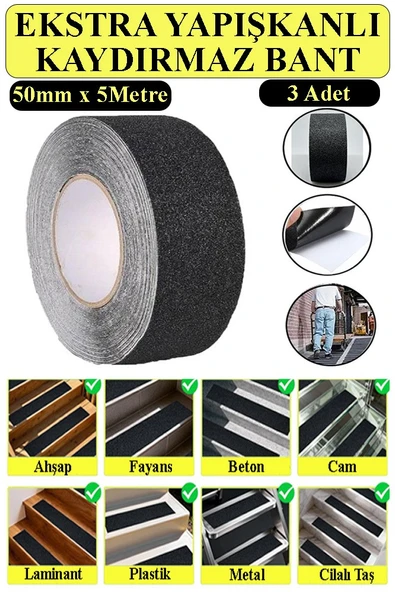 Merdiven Kaydırmaz Bant 3 Adet 5 Metre Zemin Kaymaz Band 5 cm Yapışkanlı Basamak Mermer Beton Fayans Ayakkabı Ahşap Bant ürün görseli 1