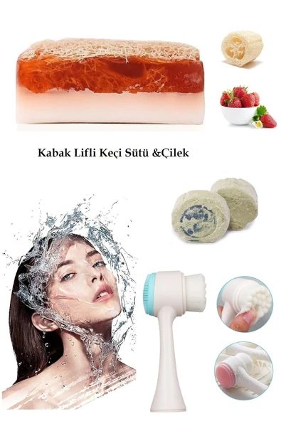 3lü Yaşlanma Karşıtı Bakım Peeling Keçi Sütlü&Sabun Çilek Leke,Kararma Ruşur Taşı Slikon Yüz Fırçası ürün görseli 1
