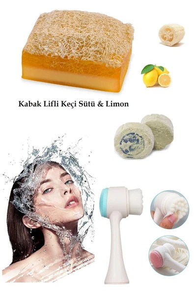 3'lü Yaşlanma Karşıtı Bakım Peeling Keçi Sütlü Sabun Limon Leke Akne Ruşur Taşı Silikon Yüz Fırçası ürün görseli 1