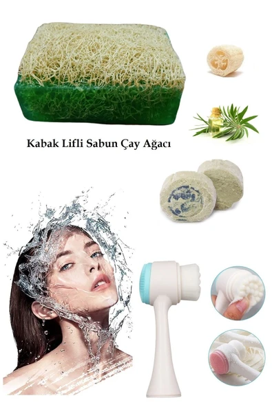 3'lü Cilt Yenileme Çift Taraflı Yüz Temizleme Fırçası Arındırıcı Peeling Kabak Lifli Çay Ağacı Sabun ürün görseli 1